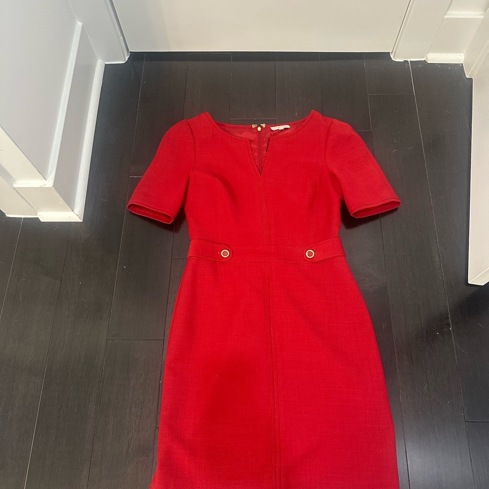 Tory Burch Red Gold Buttoned Sheath Midi Dress